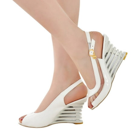 

Flat Buckle Peep Toe Wedges Heel High Heel Women Ssandals Shoes 36 White