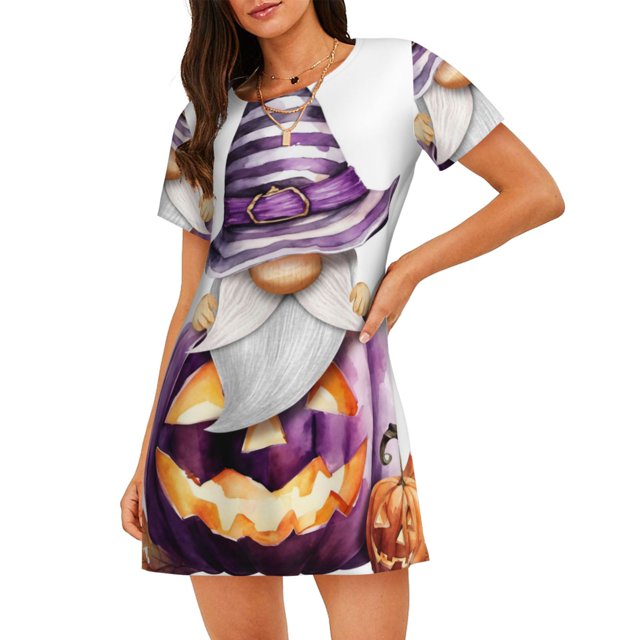 Balery Halloween Gnome With Pumpkins Camisón de manga corta con cuello redondo para mujer, cómodo y elegante.