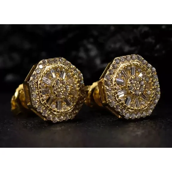 2 Ct Round Cut White Moissanite Cluster Stud Earrings Men's 14K Yellow Gold Plated