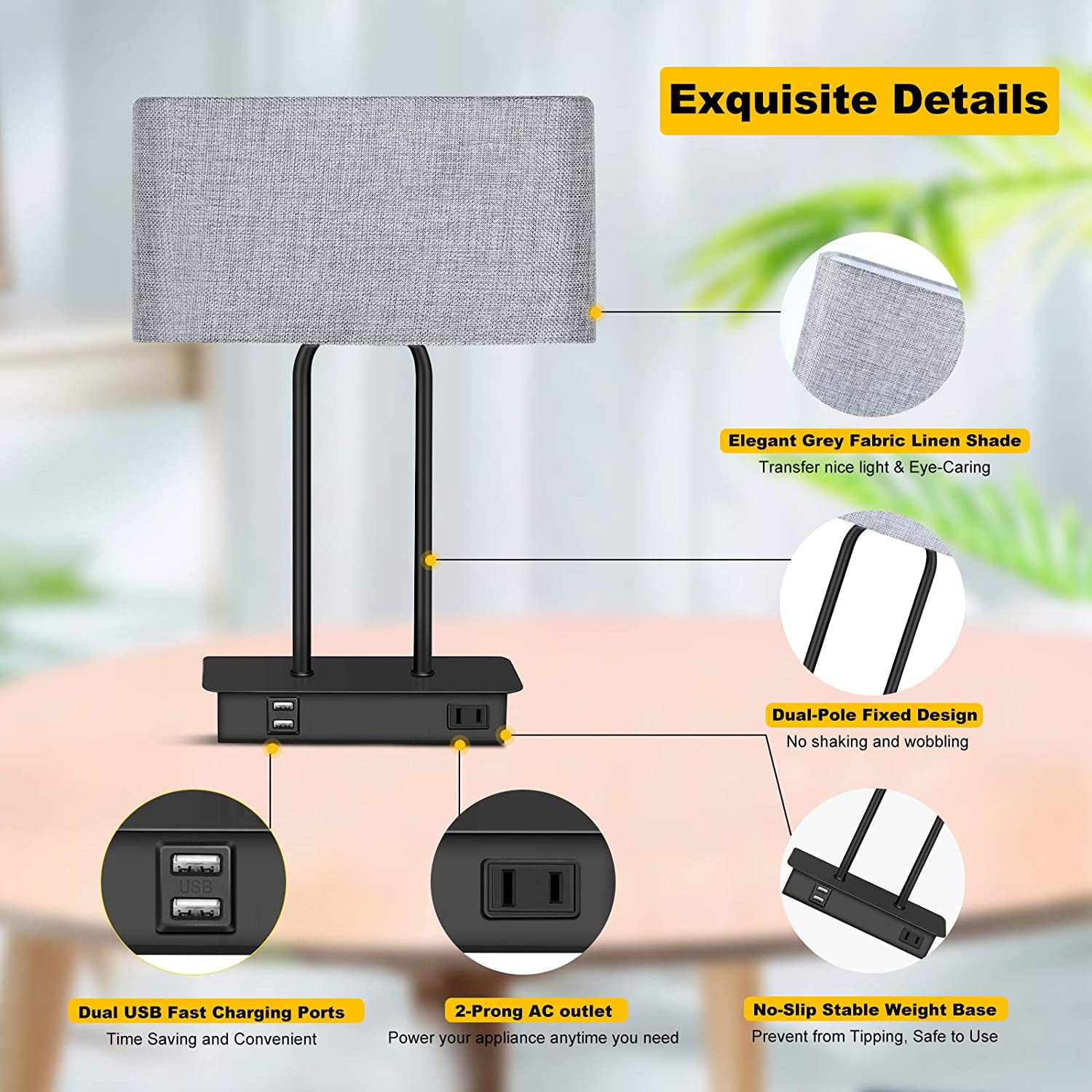 Set of 2 Dimmable Bedroom Lamps with Grey Fabric Linen Shade USB Bedside Table Lamp Touch Control Nightstand Lamps with Dual USB Charging Ports and 2-Prong AC Outlet