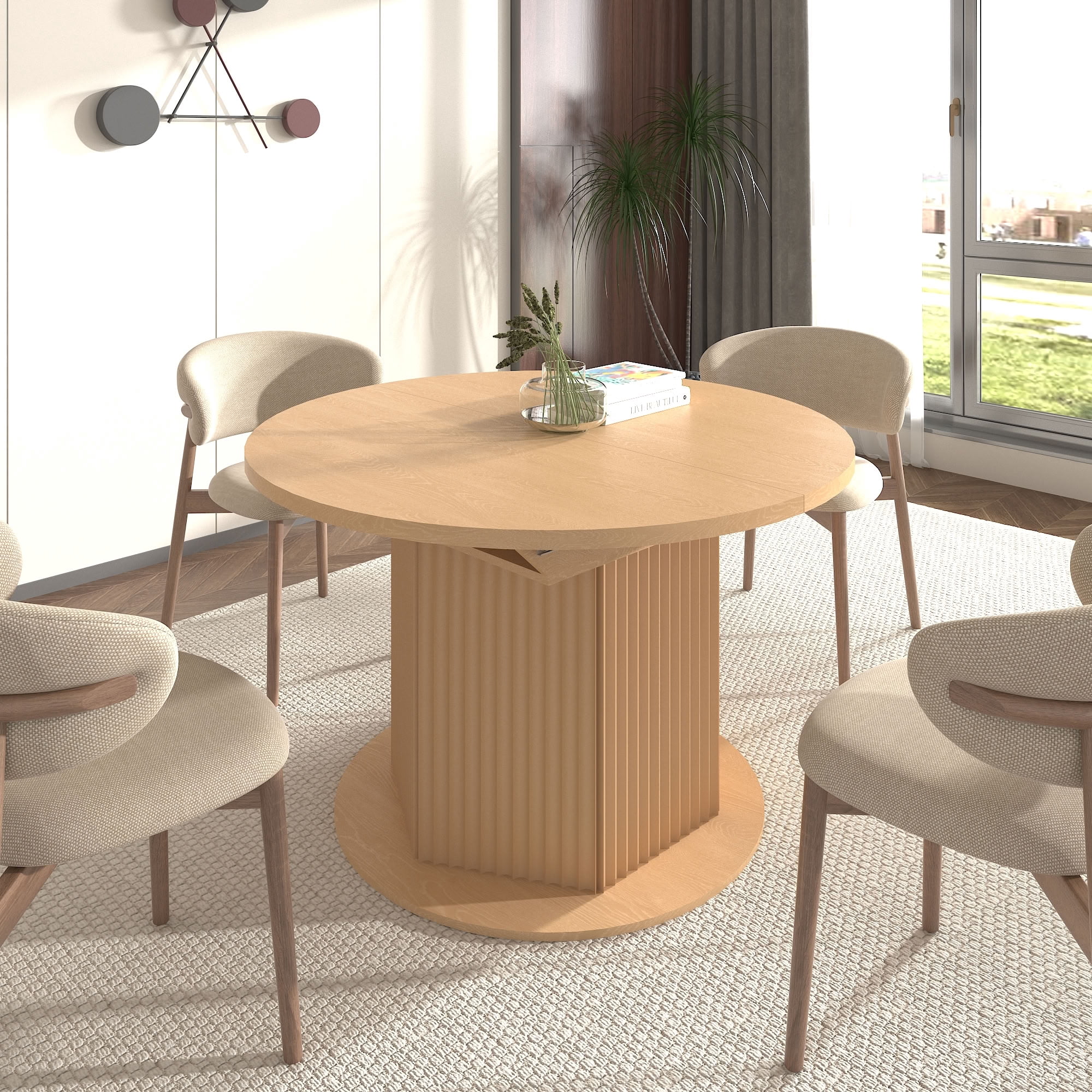 MAYEERTY Expandable Round Dining Table for 4 to 6 Adults, Extendable Kitchen Dinner Table with Removable Leaf, for Home Dining Room, Family Party, Apartment Furniture