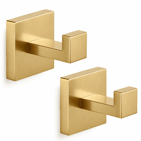 PLERISE Heavy Duty Stainless Steel Towel Hooks, Wall Mounted Square Robe Hooks for Bathroom Kitchen Bedroom, Brushed Gold, 2 pack