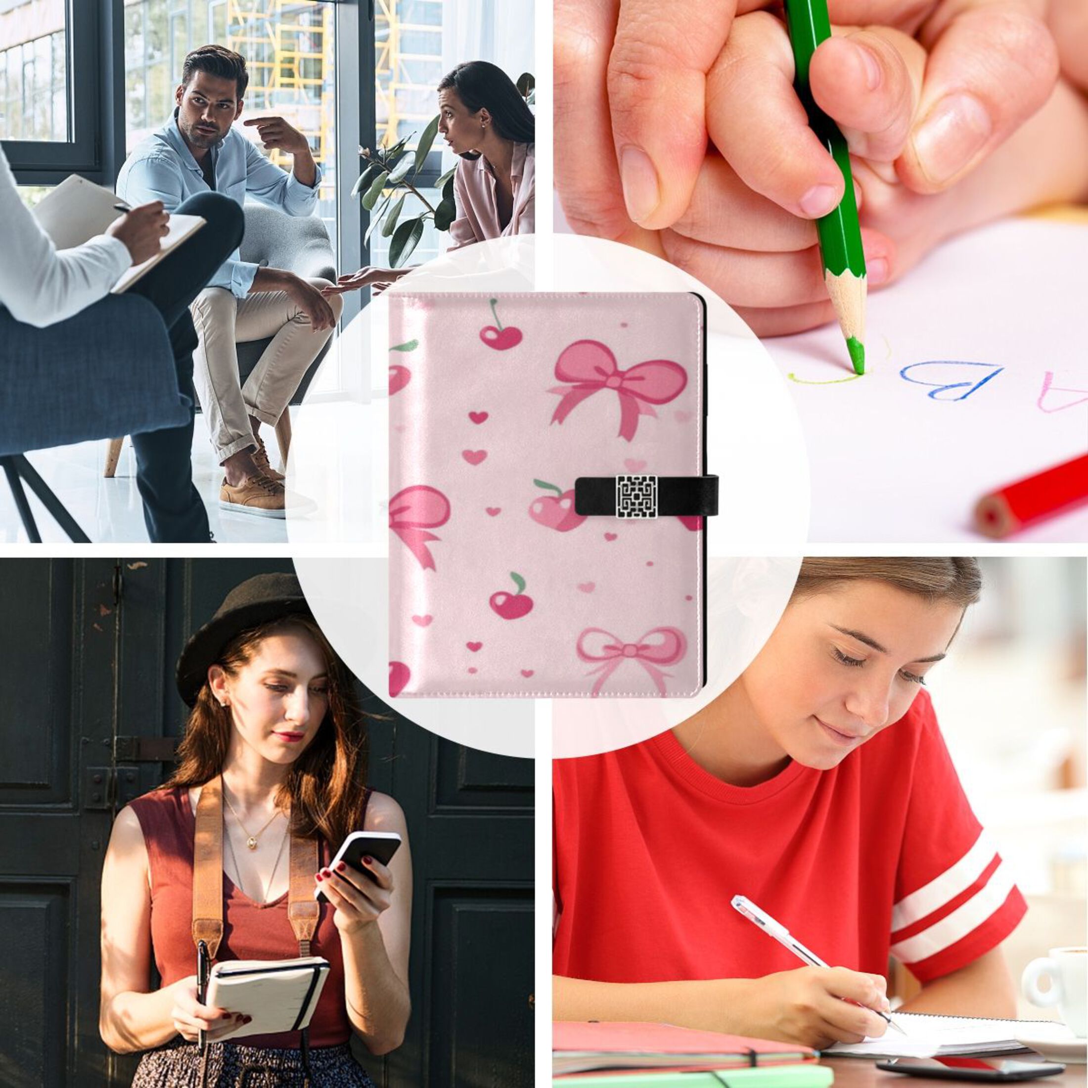9.2x6.7 inch Leather Notebook 100 Sheets, Multi-Pocket Design & Pen Loop Bows and Hearts Pattern Refillable Journal Organizer