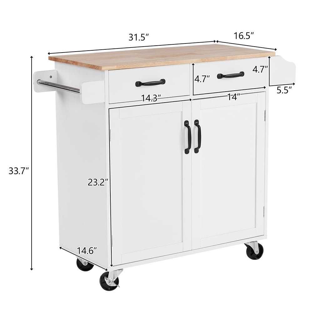 Kadyn Kitchen Island Cart, MDF Rubber Wood Dining Car with 2 Doors and 2 Drawers, Moveable Kitchen Cart for Kitchen, White Kadyn Kitchen Island Cart, MDF Rubber Wood Dining Car with 2 Doors and 2 Drawers, Moveable Kitchen Cart for Kitchen, White