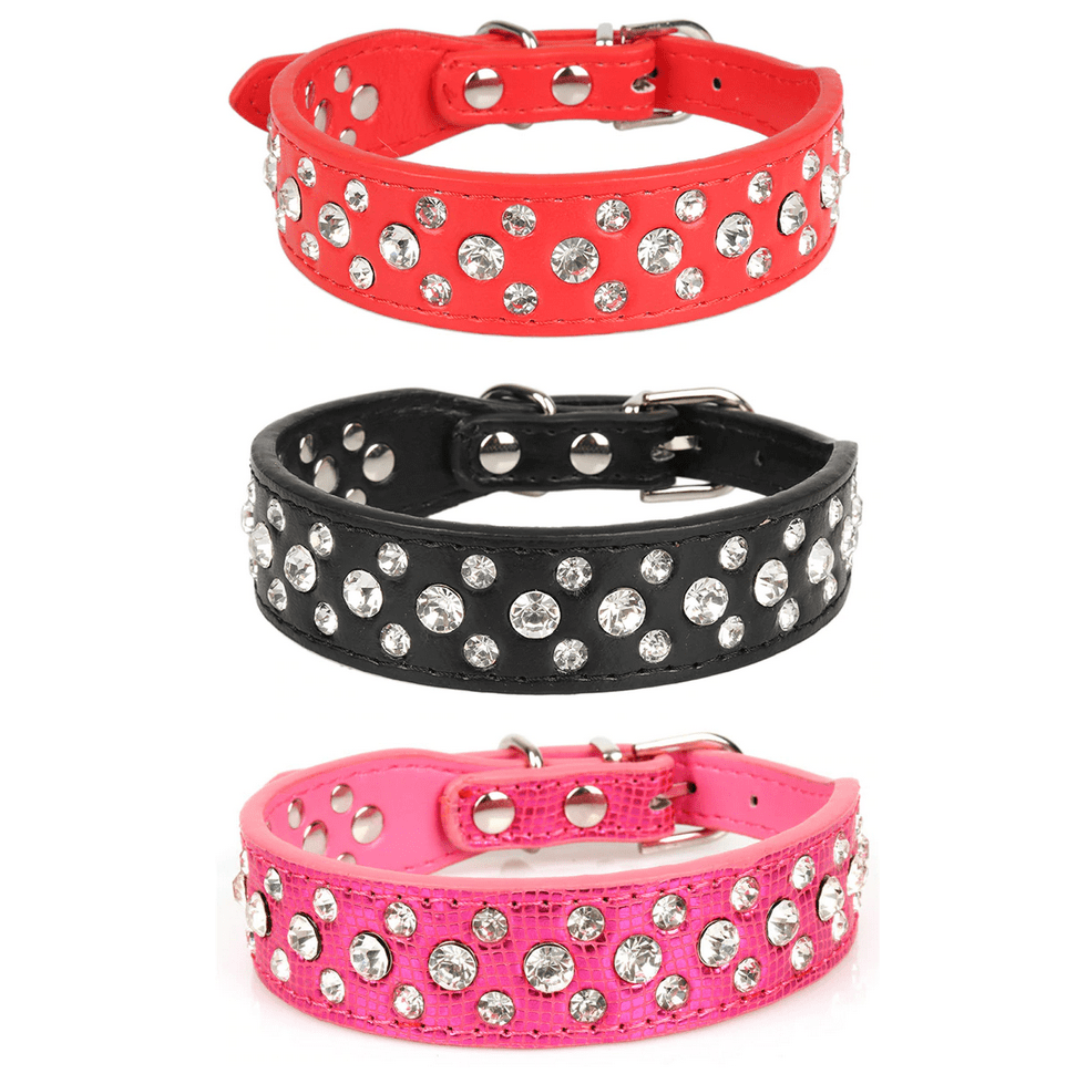 Pink Heart Charm Rhinestone Cat Safety Collar 3 Row Rose & Crystal 3/8" Wide 