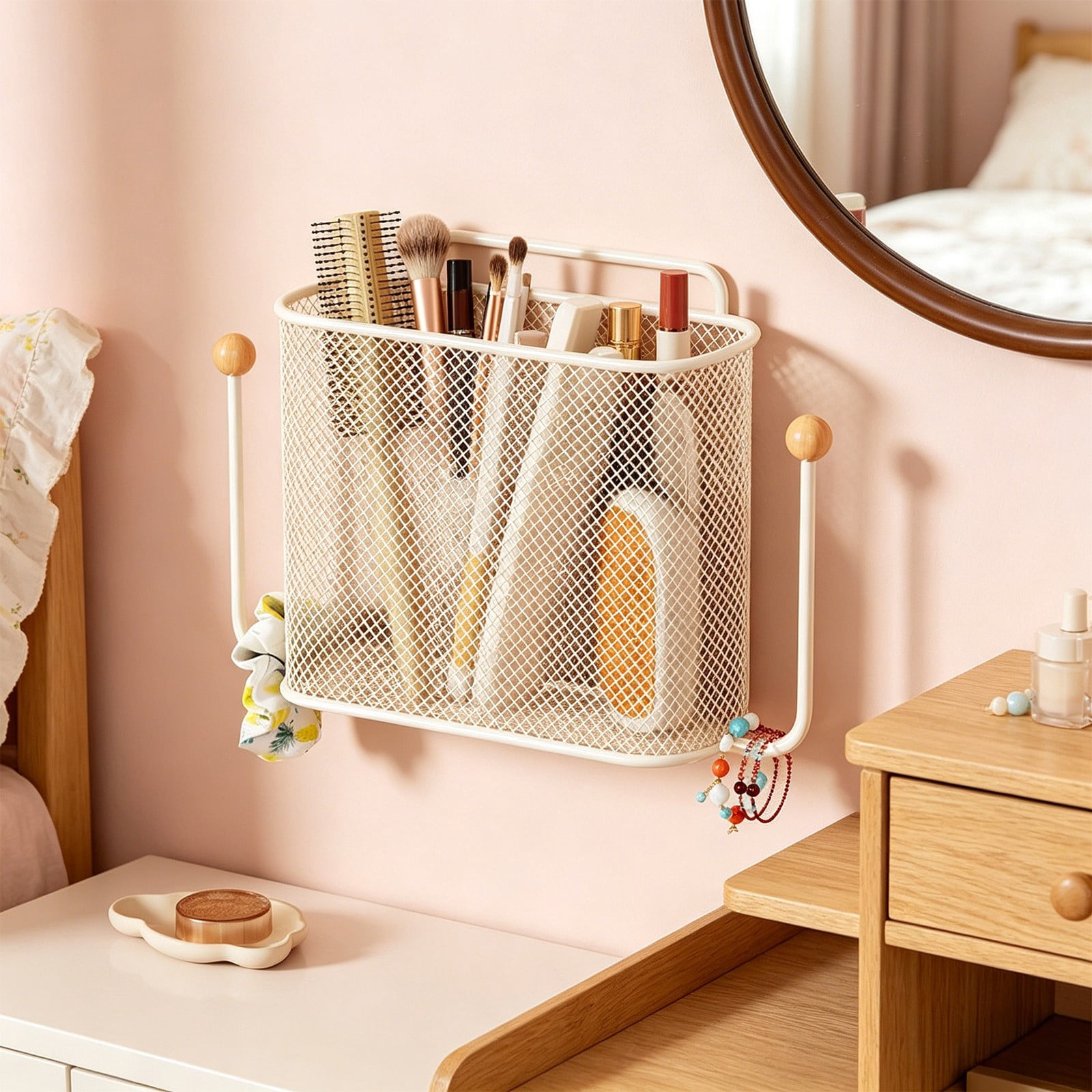 Bathroom Wall Mounted Storage Basket Metal Organizer No Drill Storage Shelf, Rust Resistant Breathable Strong Easy Install Space Saving, For Bathroom Kitchen Bedroom Dorm Wall Storage
