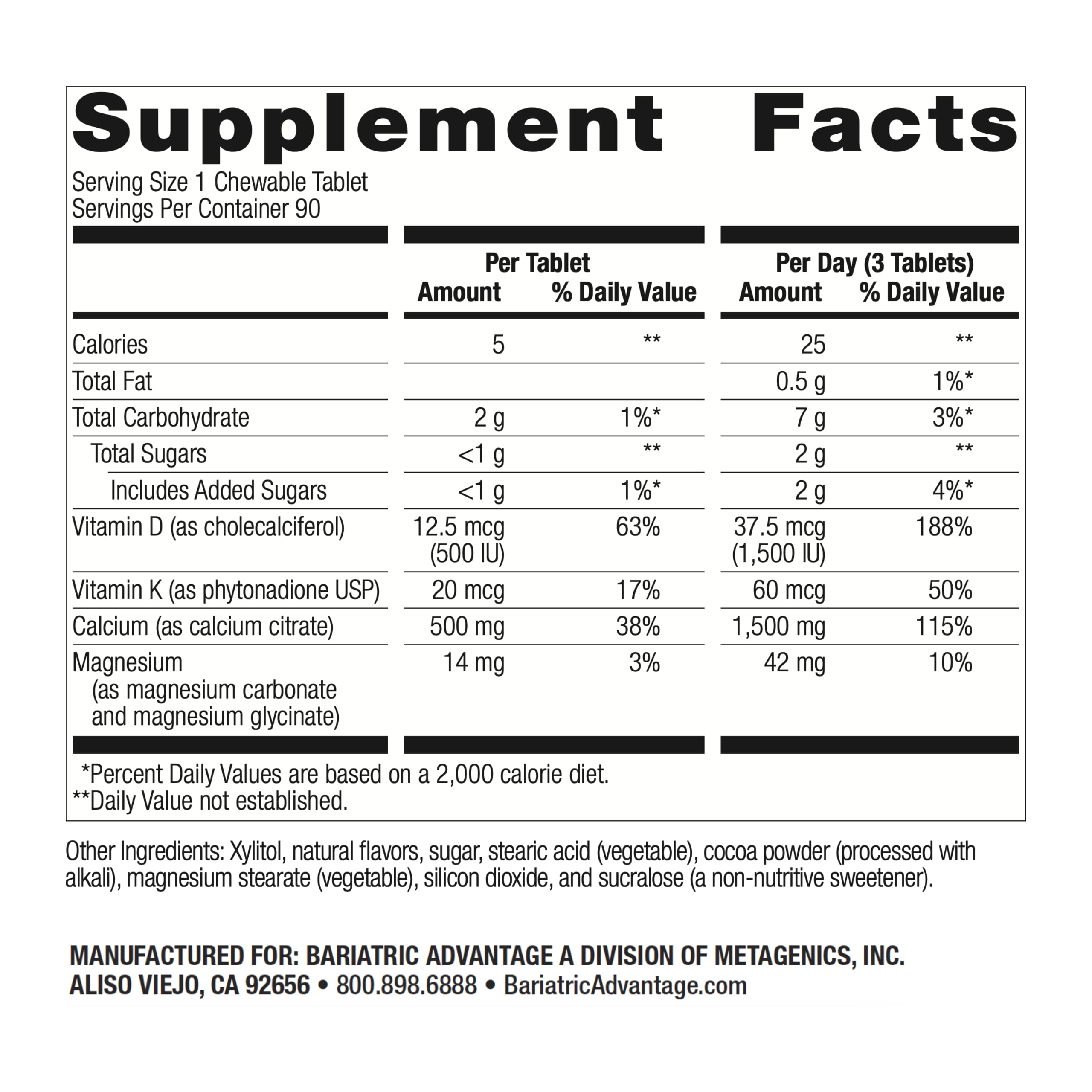 Bariatric Advantage Calcium Citrate Chewable 500 mg - For Bariatric Surgery Patients - High-Potency, Easy-Digest Tablets - Calcium Citrate - Bone Strength Supplements* - 90 Count - Chocolate