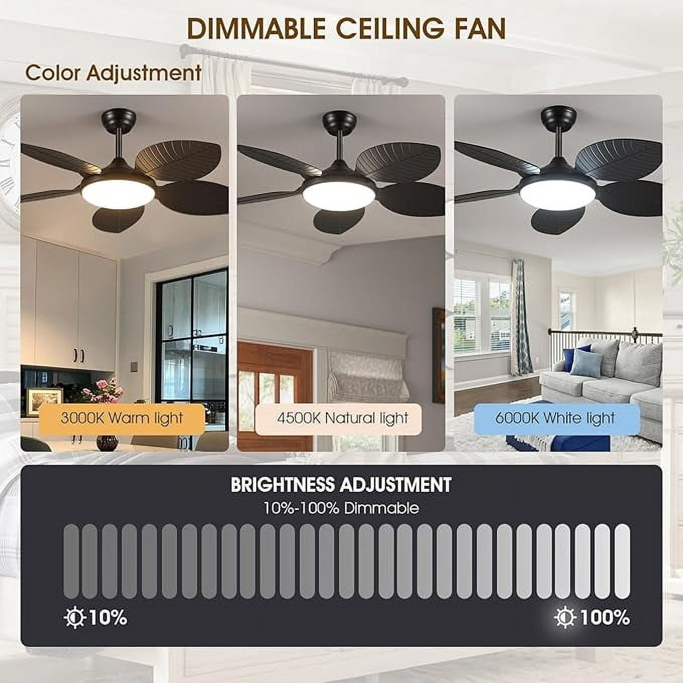 BayDay 48 Inch Tropical Ceiling Fan with Lights & Remote Control, APP Operable, 6 Speeds, Dimmable LED, Reversible Palm Leaf Fan for Bedroom, Living Room, Patio, Porch, Modern Black