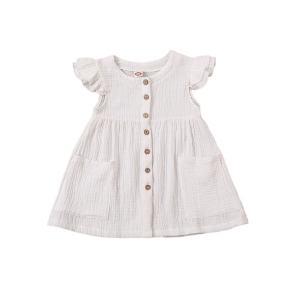 Toddler Girls Fly Sleeve Dress Solid Color Round Collar Single-breasted Dresses