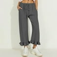 thumbnail image 7 of Women's Ruffled Hem Capri Pants - High Waist Cotton Linen Casual Wide Leg Trousers with Pockets ,Dark Gray,S, 7 of 7