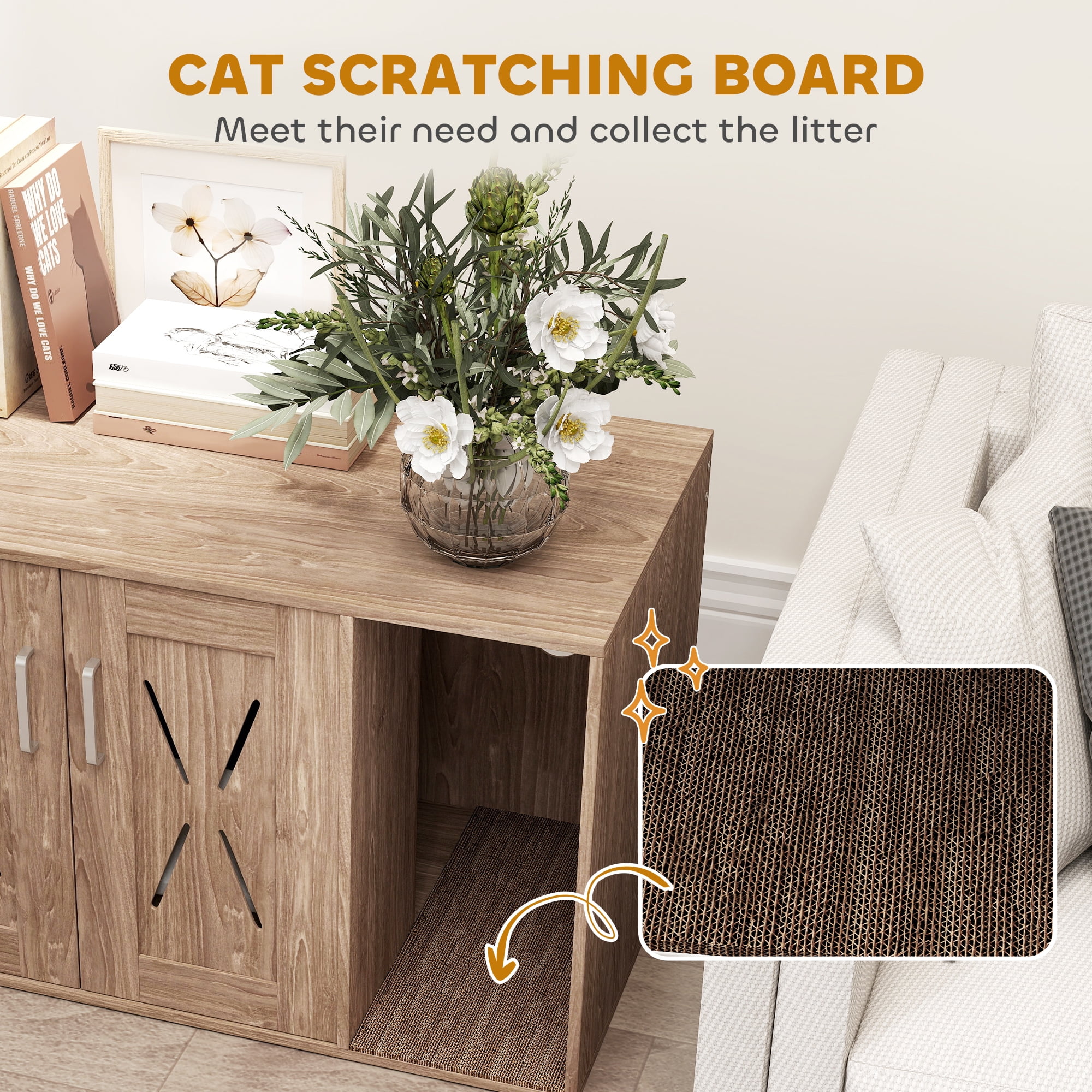 PawHut Cat Litter Box Enclosure, Hidden Litter Box Furniture with Scratching Board, Cat Washroom End Side Table, 31.5" x 19" x 20", Walnut Brown