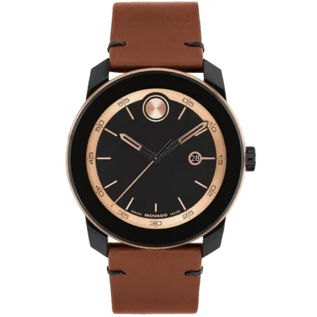 Movado Bold TR90 3601278 Black Dial Brown Leather Strap Quartz 42MM Mens Watch