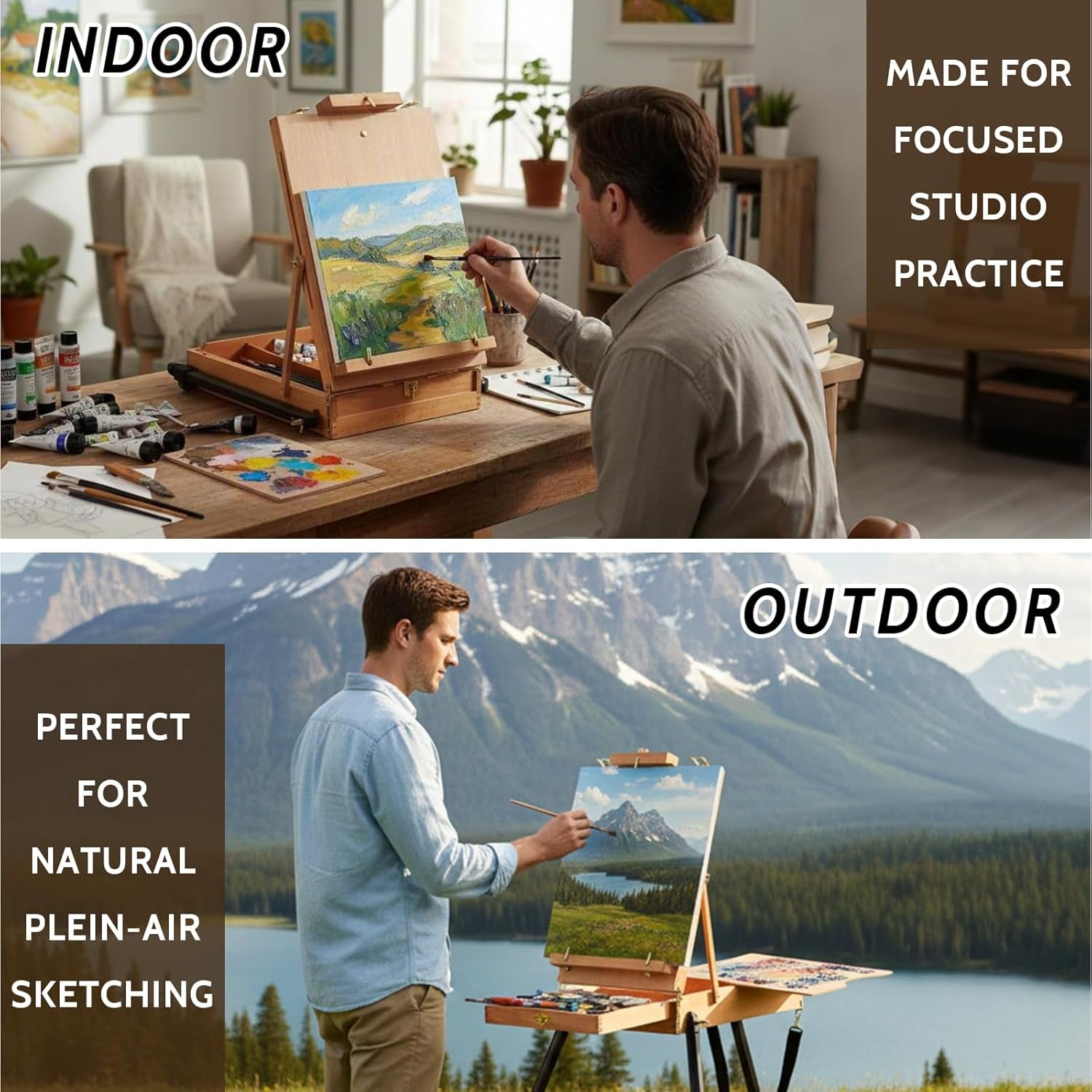 LAVFOX Lightweight French Style Field Easel with Aluminum Tripod, Adjustable Beechwood Standing Sketchbox Easel with Storage Drawer and Palette for Artists