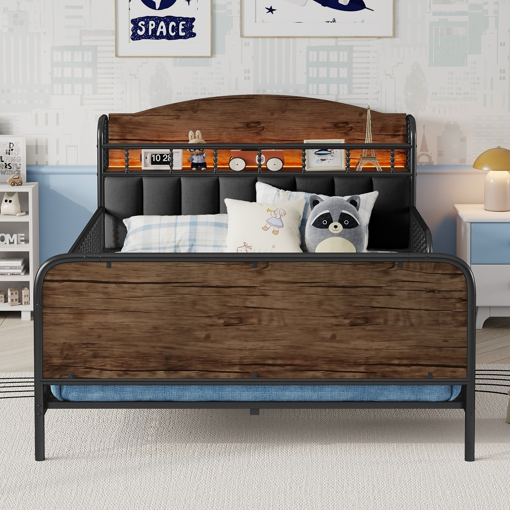 Euroco Metal Full Size Platform Bed with Upholstered Headboard, Storage Shelves and LED Light, Black