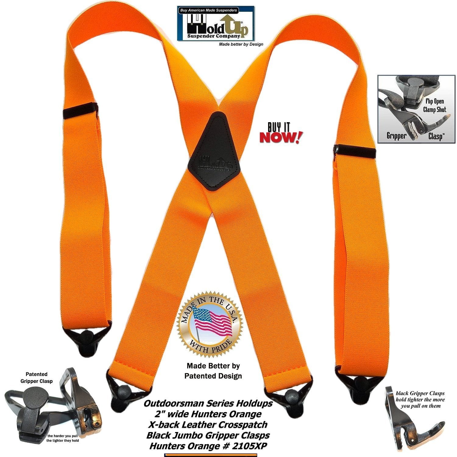Holdup Suspender HoldUps Hunter Orange 2" Wide Work Suspenders with