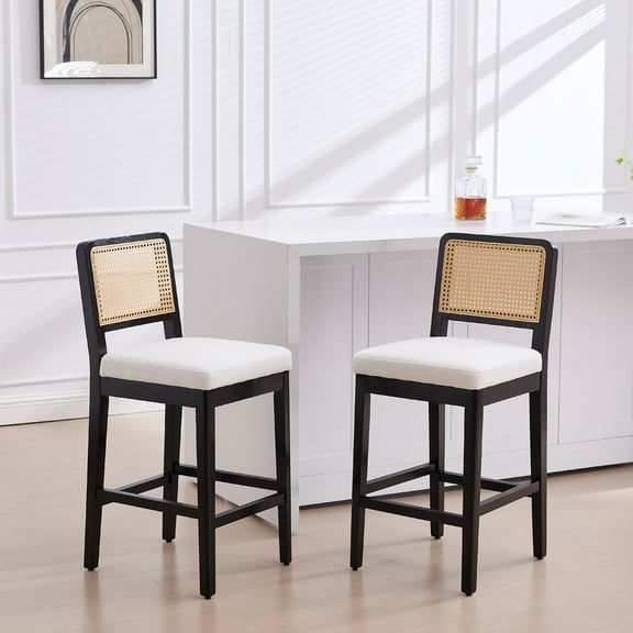Guyou Counter Height Bar Stools Set of 2, 26" Farmhouse Wooden Rattan Bar Stools, Modern Linen Upholstered Breakfast Barstools, Boho Wicker Woven Kitchen Island Chairs for Bar Bistro, Beige