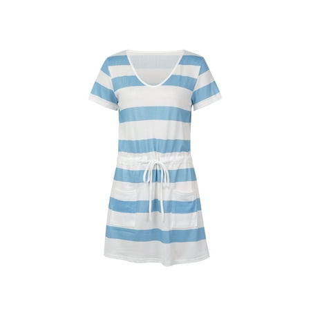 

Calsunbaby Women Color Block Summer Dresses Female Striped V-neck Short Sleeve One-piece with Drawstring Pocket