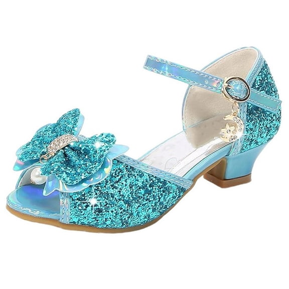 Xfvqtps Sparkle Princess Sandals for Girls Buckle Strap Low Heel Peep Toe Rhinestone Bow Spring Summer Dressy Casual Shoes