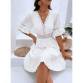 thumbnail image 6 of Women's Summer Dresses Boho Patchwork Lace Fashion Dress V Neck Solid Elegant Short Party Casual Fit Elegant Vacation Sundress (White,Large), 6 of 6
