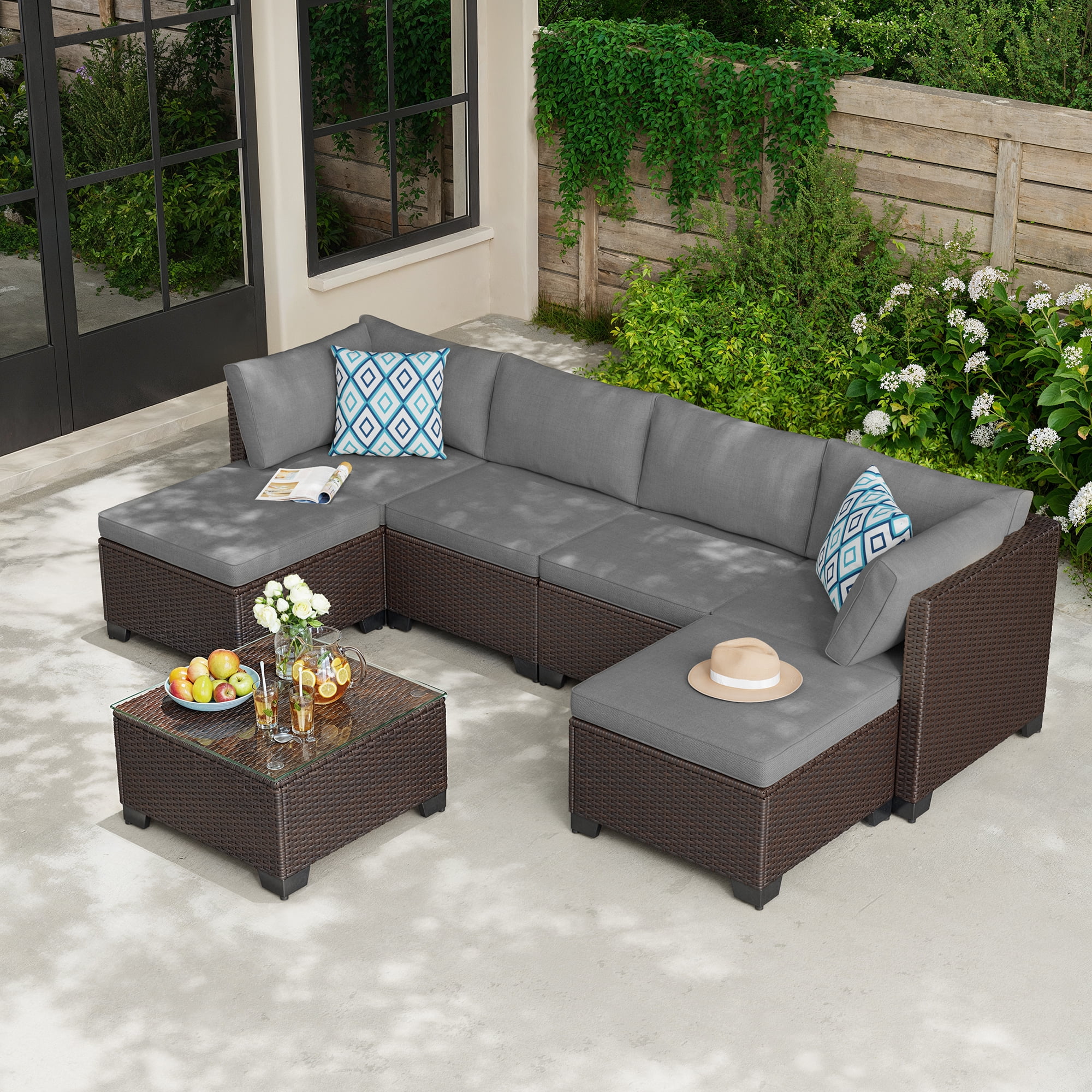 7 Piece Outdoor Patio Conversation Sets，Asofer Patio Sectional Furniture Set and A Coffee Table for Courtyard，Poolside，Party，Gray