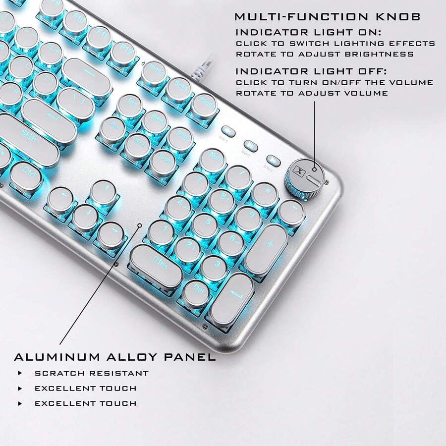 Wired Mechanical Keyboard, 104 Key Beautiful Typewriter Keyboard, Blue Backlight, Anti Ghosting, Blue Switch Wired Cute Keyboard - White, Including A USB Charging Cable