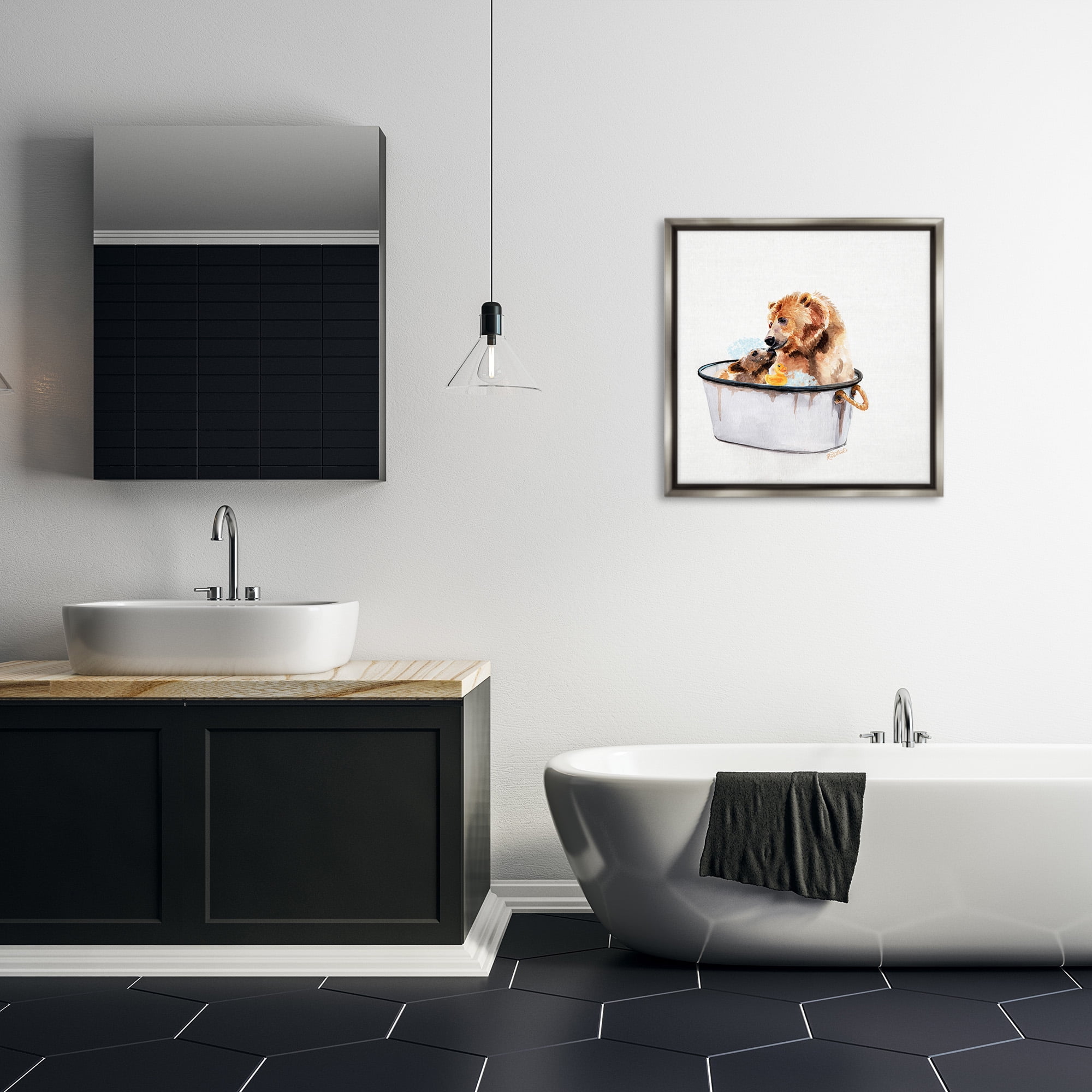 Stupell Industries Mother Bear & Cub Bathing Animals & Insects Painting Gray Floater Framed Canvas Art Print Wall Art, 25 x 25