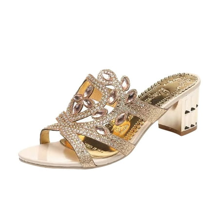 

Heels for Women Open Toe Slip On Rhinestones Pumps Block High Heels Elegant Dress Shoes Casual Wedge Platform Sandals
