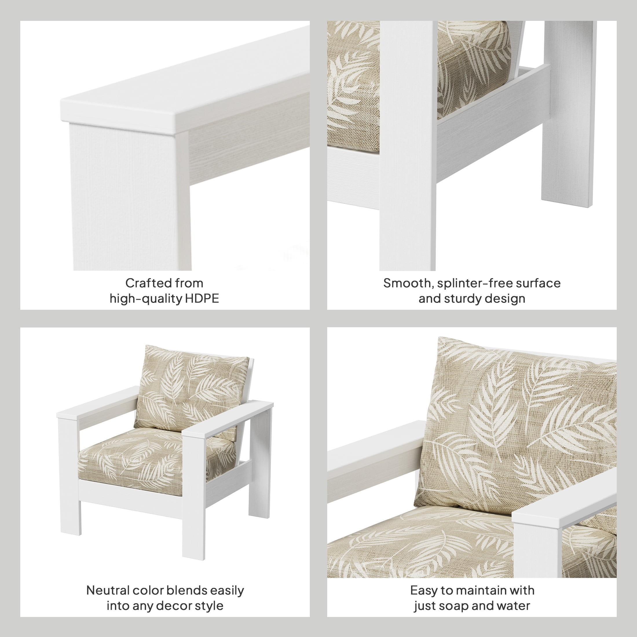 Better Homes & Gardens Ezra Outdoor HDPE Club Chair, White with Neutral Palm Cushions
