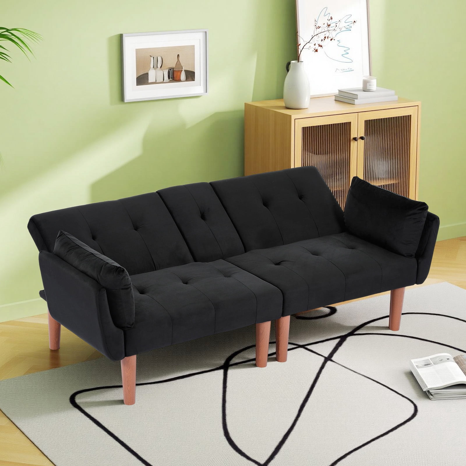 Leumius 72 Inch Futon Sofa Bed,Velvet Futon Couch with Adjustable Backrest and Cupholders,Suitable for Apartment,Living Room,Small Space,Black