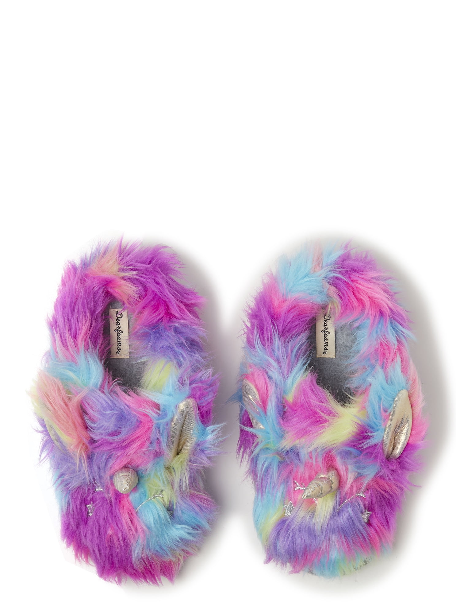 Dearfoams Girls Indoor House Slippers Memory Foam Rainbows Shoes Plush Pink 