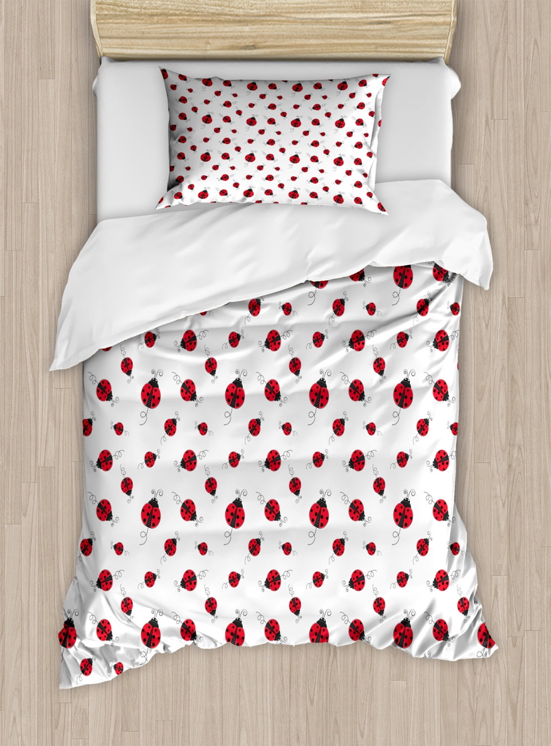 Ladybugs Duvet Cover Set Twin Size, Ladybug with Dotted Wings Swirls