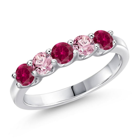 Gem Stone King 925 Sterling Silver Red Created Ruby and Pink Lab Grown Diamond Wedding-Bands Ring for Women | 1.11 Cttw | Round 3.5MM | Gemstone July Birthstone | Size 5
