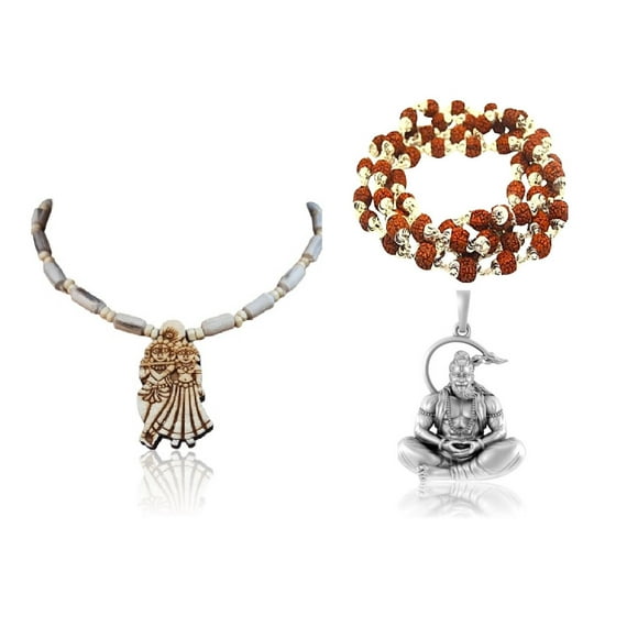 Kamada Combination of Shri Radhakrishna ji round pendant tulsi mala and exquisite Hanuman rudraksha pendant mala,Spritual Pendant Necklace for Women and Men