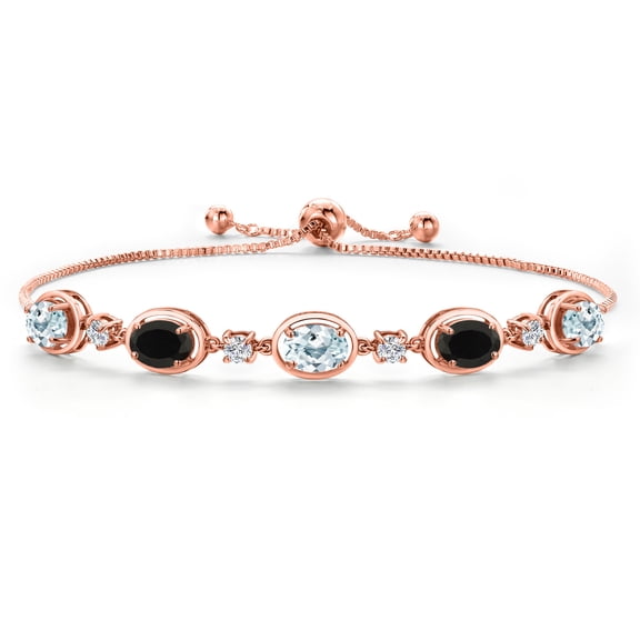 Gem Stone King 18K Rose Gold Plated Silver Sky Blue Aquamarine and Black Onyx and Lab Grown Diamond Bracelet for Women | 4.05 Cttw | Gemstone March Birthstone | Oval 7X5MM | Fully Adjustable 9 inch