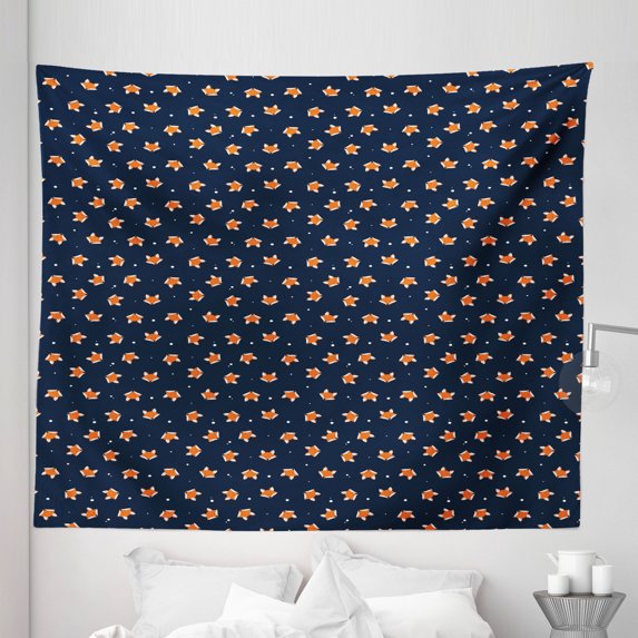 Fox Tapestry, Orange Small Forest Animal Portraits Pattern on Abstract Dotted Blue Backdrop, Fabric Wall Hanging Decor for Bedroom Living Room Dorm, 5 Sizes, Navy Blue Orange, by Ambesonne