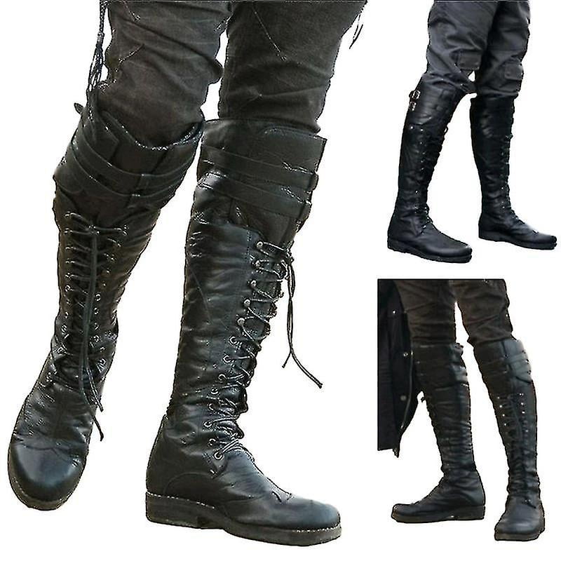 Men's Medieval Knee High Boots Cross Strap Lace Up Shoes Flat Cool