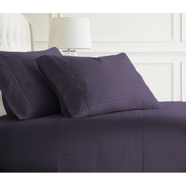 Merit Linens Luxury Soft Deep Pocket 4 Piece Dobby Stripe Bed Sheet Set King Purple