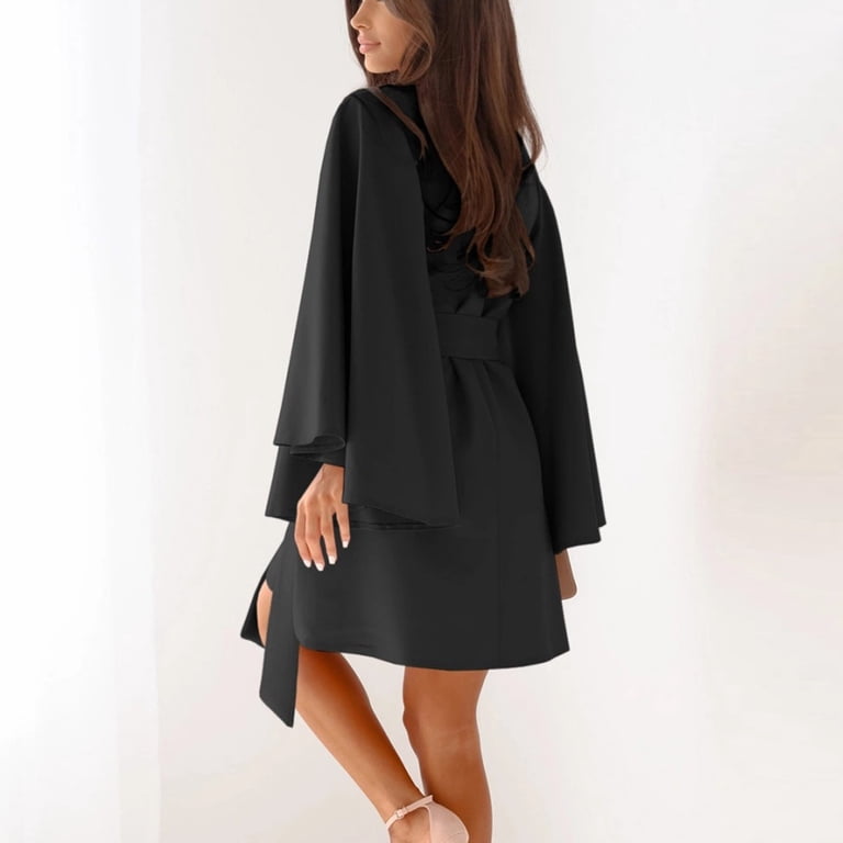 Yuaqua Mini Dresses for Women Bell Long Sleeve Crew Neck Tie Waist Business  Casual Work Dress Cocktail Party Short Dress(Black,XX-Large) - Walmart.com