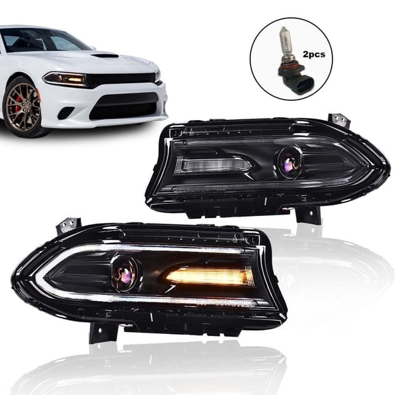 PIT66 1Pair Headlights Halogen LED DRL Projector Headlamps Fit for 2015-2021 Dodge Charger Left Driver Side And Right Passenger Side