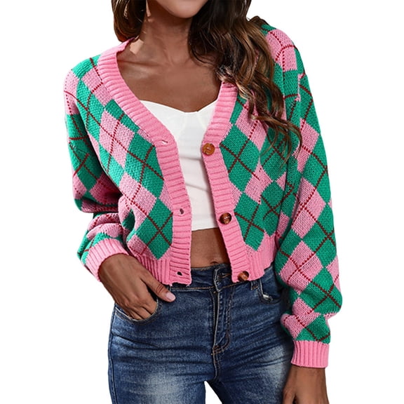 Women'S Knit Cardigan Sweaters Long Sleeve Argyle Open Front Button Down V Neck Cropped Coats Casual Trendy Tops Pink Green M