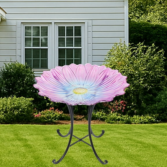 Outdoor Bird Bath, Pink Blue Flower Bird Bath with Metal Stand, Attract Birds, Suitable for Patio Garden Decoration, Outdoor Decoration