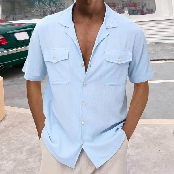 Ceisia Men's Relaxed Fit Short Sleeve Cuban Collar Cotton Linen Blend Shirt with Dual Chest Pockets Light Blue XXL Gifts