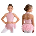 thumbnail image 5 of SiiRoh Kids Girls Sparkly 2 Piece Dance Outfit Halter Latin Jazz Dance Crop Top and Feather Briefs Fringe Skirt Pink 12, 5 of 6