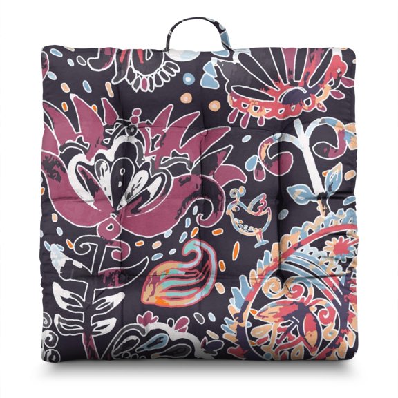 Exotic Paisley Artwork Floor Seat - Thick Square Yoga Cushion with Ethnic Bohemian Design, Perfect for Long Meditation Sessions