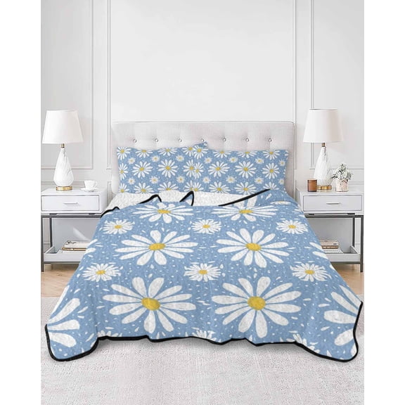 Quilts Twin Size, Blue Daisy Soft Comforter Bedding Set for Bed, Spring Floral Elegant Pastoral Botanical Lightweight Quilted Bedspread with Pillow Cover(2 Pieces) for All Season, 68x86 Inch