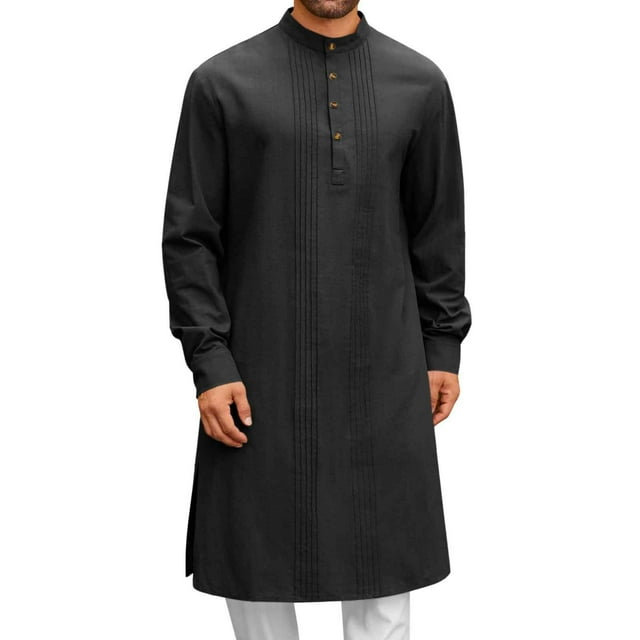 Robe Musulmane en Coton pour Hommes Manches Longues Boutonnée Style Arabe Décontracté pour Usage Quotidien