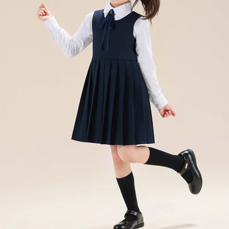 ladies navy pinafore dress GobdXE Solid Round Neck Sleeveless Back Zipper Pleated Hem Back To School Uniform Layering Dress for Girls Navy,5-6 Years fabric:Applique