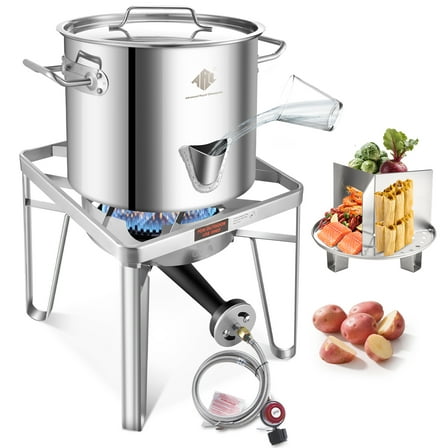 ARC 20QT Stainless Steel Steamer Pot with Propan Burner for Outdoor Cooking - Large Pot with Water Spout, Divider and Steamer Rack