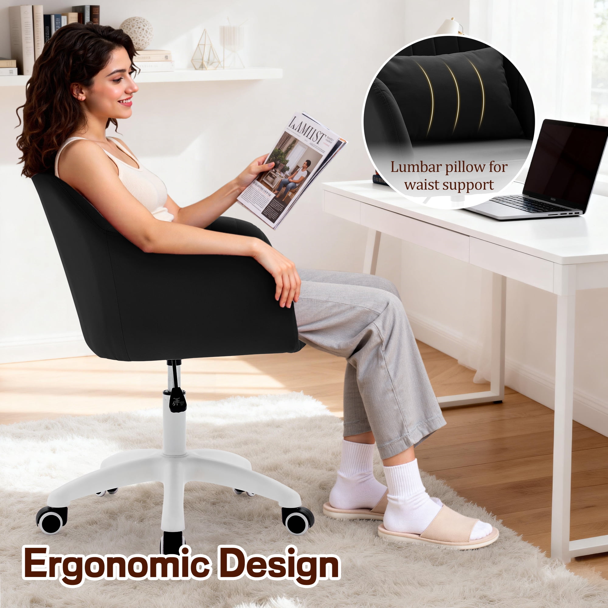 Korser Adjustable High Vanity Chair with Pillow Velvet Swivel Desk Chair with Wheels,Space-Saving Makeup Computer Chair,Home Office Desk Chair,Black