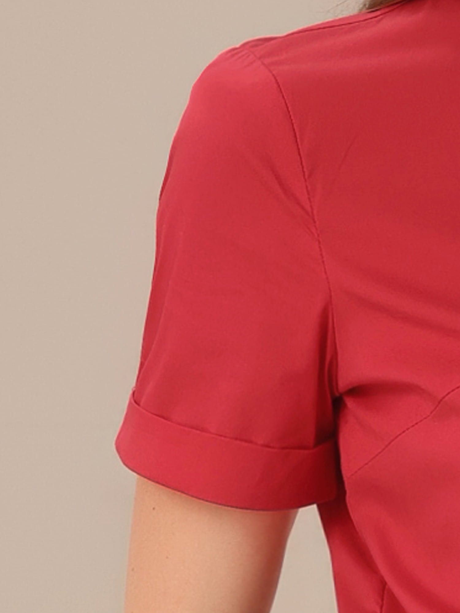 DARING DIVA Stand Collar Short Sleeve Office Work Shirt Bodysuits S Red
